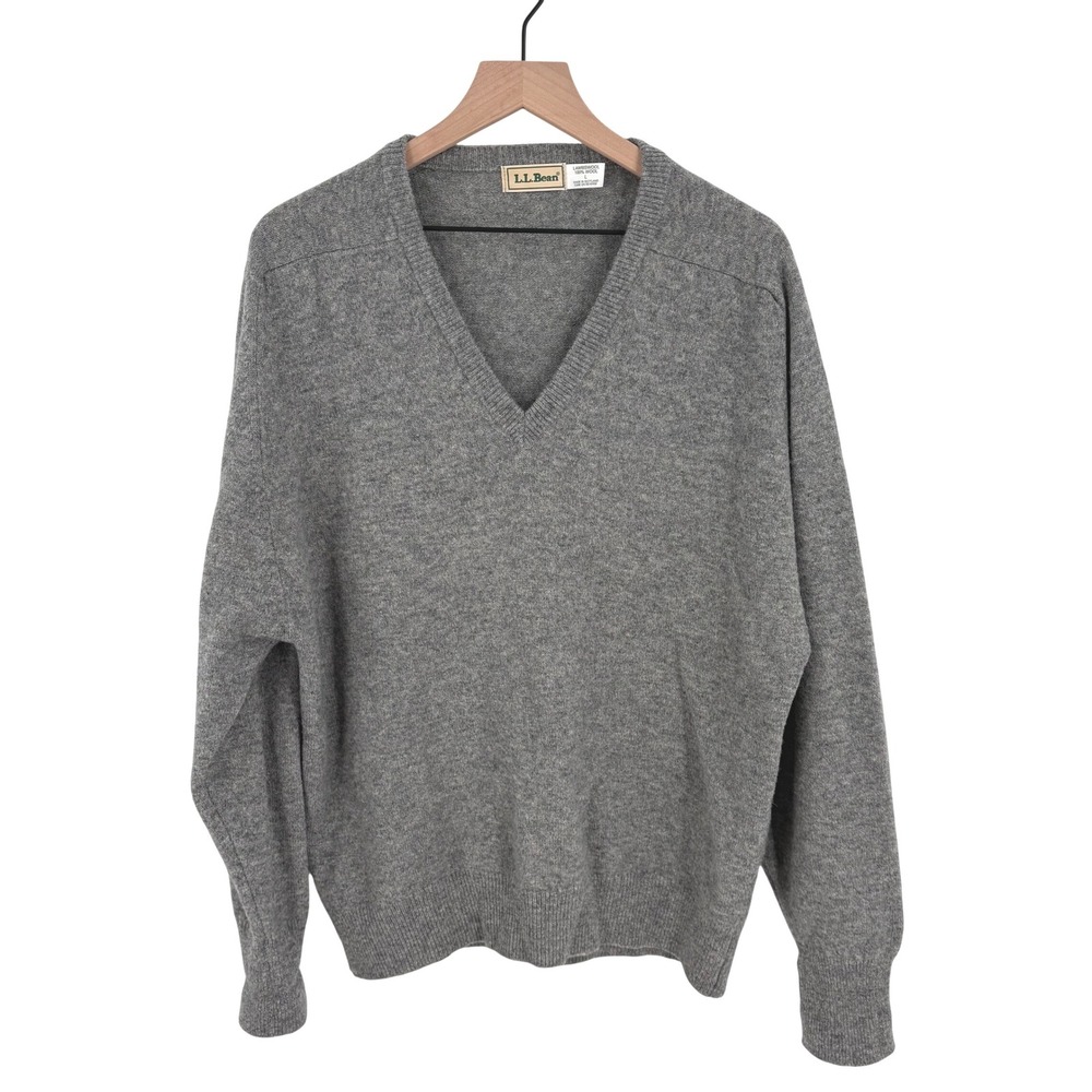 LL Bean Mens‎ V-Neck Sweater Grey 100% Lambswool Made in Scotland Large L